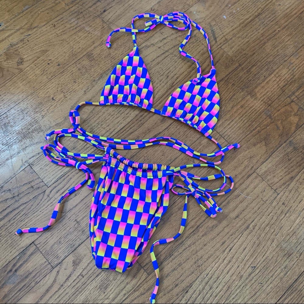 Check Blue and Pink String Bikini Set Medium BNWOT